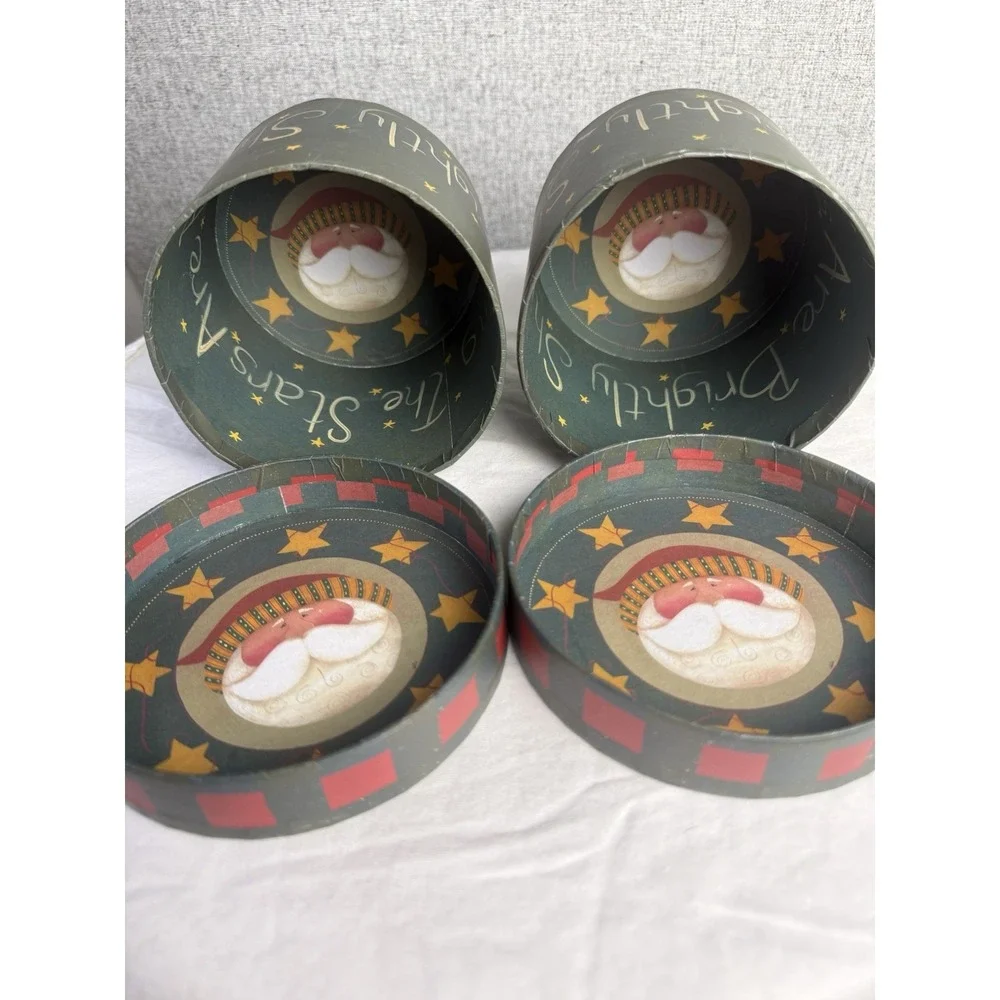 Vintage Look Folk Art Santa THE STARS ARE BRIGHTLY‎ SHINING Christmas  Round Box